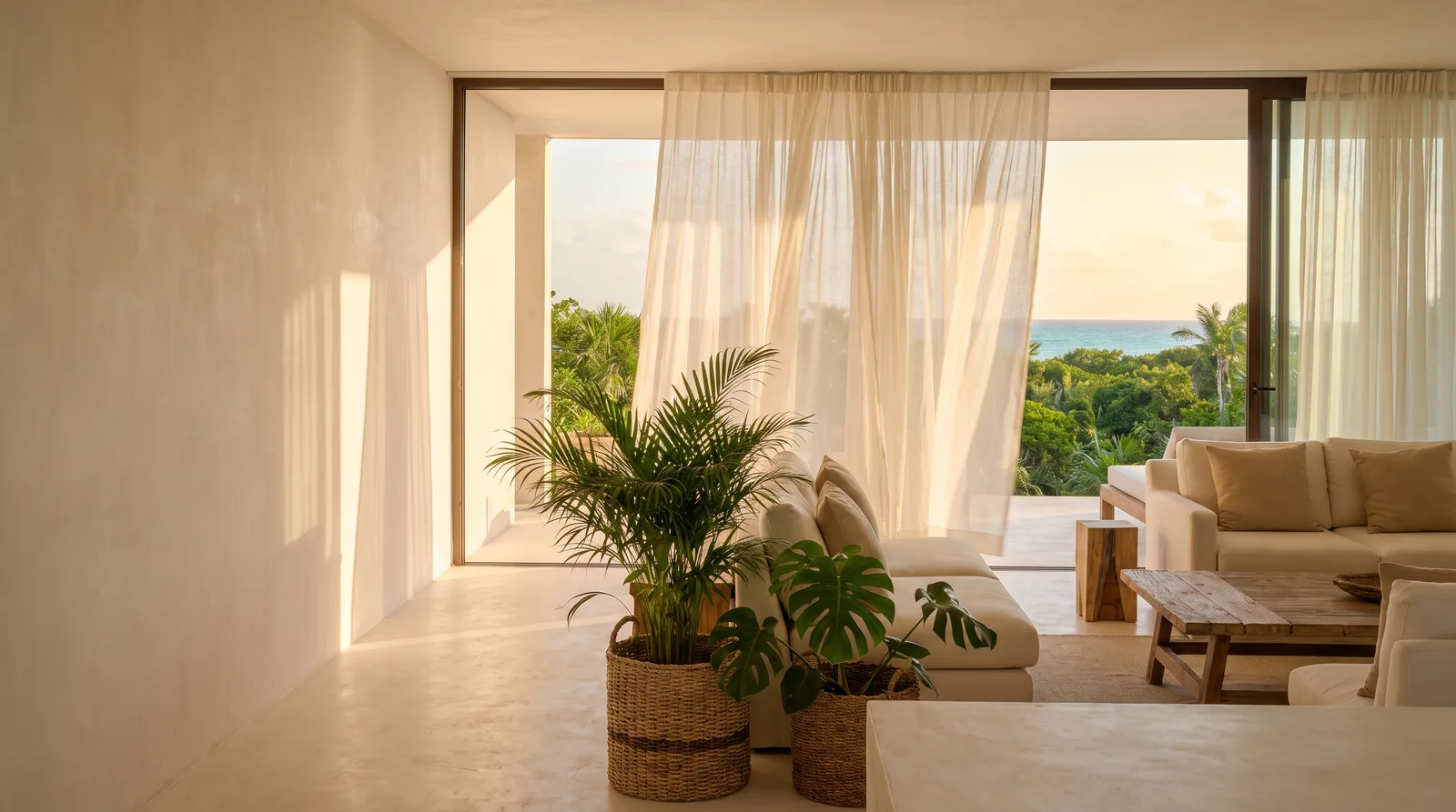 Sala fresca y luminosa de una villa de la Riviera Maya con cortinas de lino, plantas y vista al mar al atardecer
