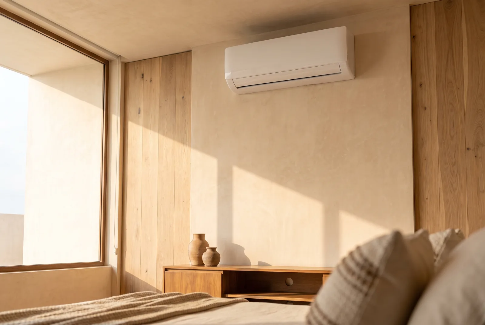 Minisplit blanco impecable recién instalado en una pared de madera cálida, junto a una ventana con luz del atardecer